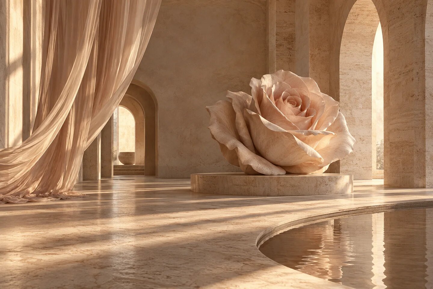 Eine skulpturale Rose aus hellem Stein in einer sonnenbeschienenen Galerie aus Travertin